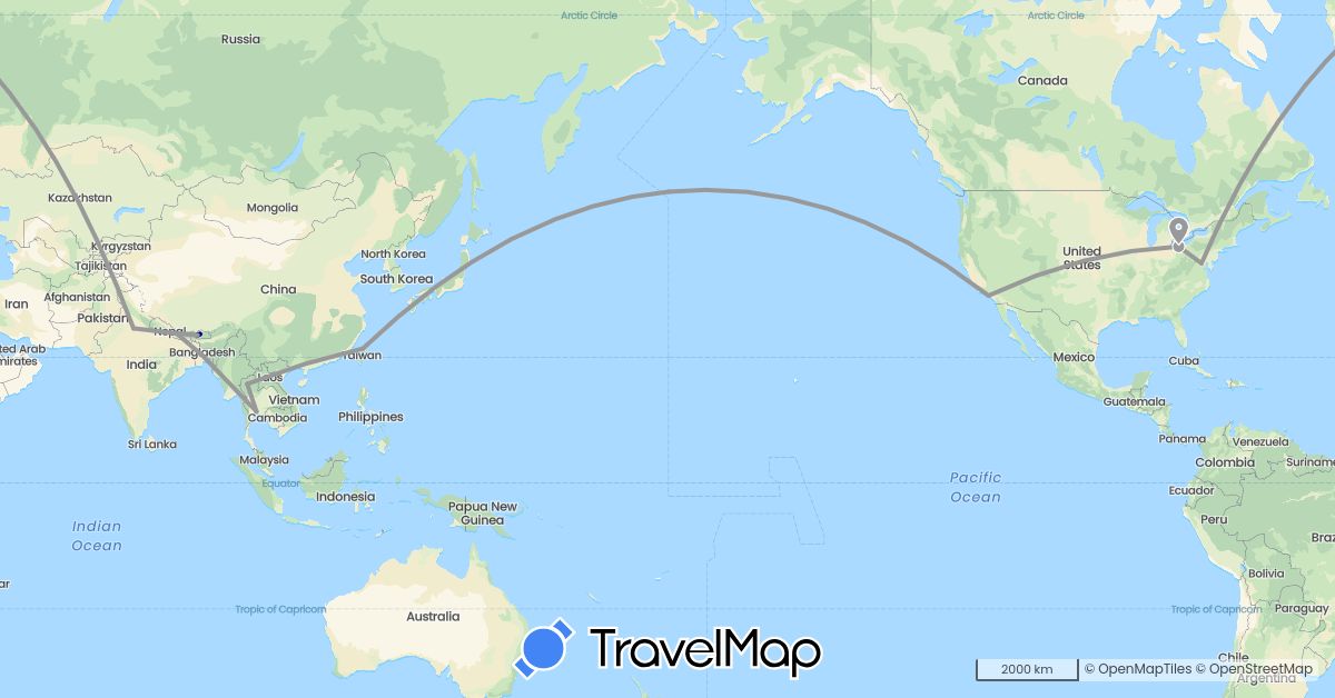 TravelMap itinerary: driving, plane in Bangladesh, Bhutan, India, Nepal, Thailand, Taiwan, United States (Asia, North America)